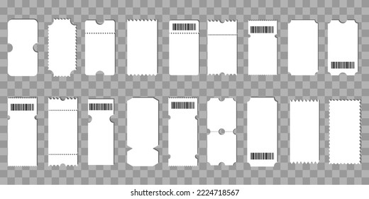 Blank coupon templates .Blank tickets template.Empty ticket card icons . Coupon cards ,tickets,gift vouchers or certificates.Set of coupons with barcode on transparent background.