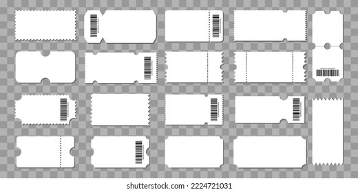 Blank coupon templates .Blank tickets template.Empty ticket card icons . Coupon cards ,tickets,gift vouchers or certificates.Set of coupons with barcode on transparent background.