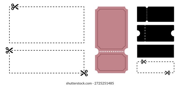 Conjunto de modelos de cupom e tíquete em branco. Tesoura, linhas tracejadas de corte e estilos de material de moldura para design de desconto e promoção. Ilustração vetorial com fundo transparente