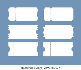 Plantillas de Cupón o boleto en blanco con varios diseños de bordes y perforaciones sobre un fondo azul. Ilustración vectorial