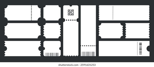 Blank coupons or paper tickets with QR or barcodes. Tear-off promo voucher. Perforated entry flyer collection with copy space. Vector templates set isolated on black bg.