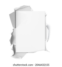 Blank cover book mockup in paper  torn hole on white background. Vector illustration. Ready to use as template for your design. EPS10.	