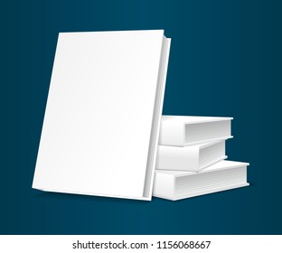 Blank cover book template. Four pieces in a pile, three are, the fourth leaning against them. Blank cover white color for inserting images. Isolated, on a blue uniform background.