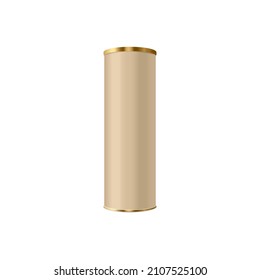 Blank craft paper or cardboard tube with golden lid mockup, photo-realistic vector illustration isolated on white background. Cylinder tube packaging template.