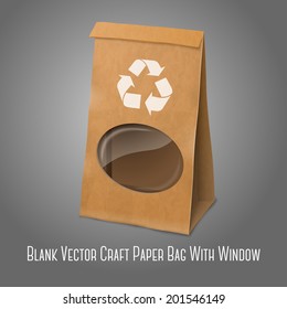 Blank craft vector realistic paper packaging bag with recycle sign and transparent window, for your design and branding. Isolated on grey background.