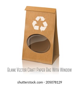 Blank craft vector realistic paper packaging bag with recycle sign and transparent window, for your design and branding.  Isolated on white background with reflection.