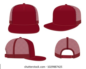 Blank Crimson 5-Panels Hip Hop Cap with Mesh Back, Adjustable Snap Back Closure Template on White Background, Vector File.