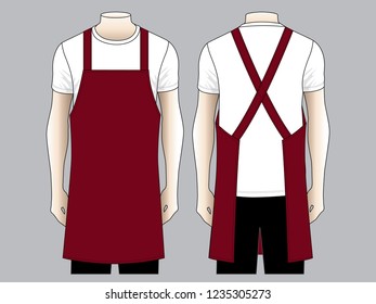 Blank Crimson Apron Template on Gray Background. Front and Back Views, Vector File.