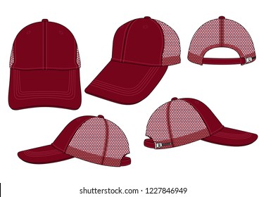 Blank Crimson Baseball Cap With Mesh At Side And Back Panels, Slider Plastic Buckle Zip Closure Strap Template on White Background, Vector File.