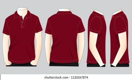 Blank Crimson Short Sleeve Polo Shirt Template on Gray Background, Front, Back, and Side Views, Vector File.