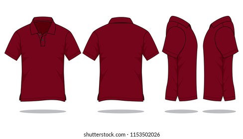 Blank Crimson Short Sleeve Polo Shirt Template on White Background, Front, Back, and Side Views, Vector File.