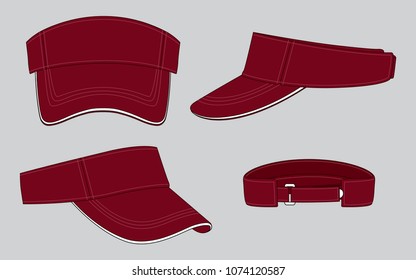 Blank crimson sun visor cap with white sandwich and hoop-loop strap template on gray background, vector file.