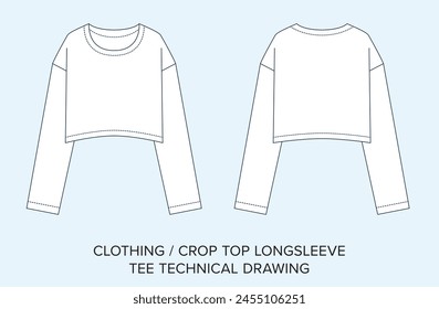 Blank Crop Top Longsleeve, Apparel Blueprint for Fashion Designers. Detailed Editable Vector Illustration, Black and White Women's Clothing Schematics, Isolated Background. 