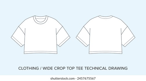 Blank Crop Top Tee Technical Drawing, Apparel Blueprint for Fashion Designers. Detailed Editable Vector Illustration, Black and White Womens Clothing Schematics, Isolated Background