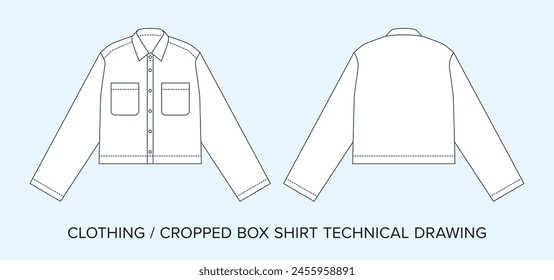 Blank Cropped Box Shirt Technical Drawing, Bekleidungsentwurf für Modedesigner. Detaillierte editierbare Vektorillustration, Schwarz-Weiß-Kleidungsschemata, isolierter Hintergrund