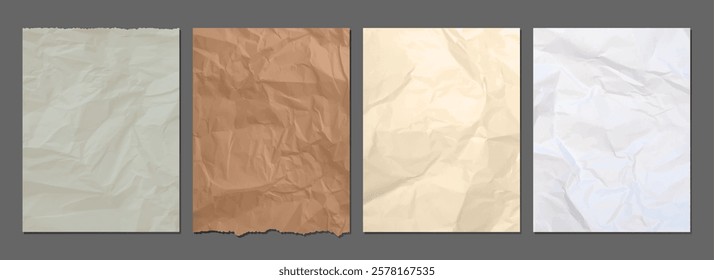 Blank crumpled paper sheets pattern with empty blank space background, wrinkled textured pastel color craft design. Rough grunge cover surface with crinkled parchment surface vector illustration