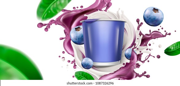 Blank cup with swirling yogurt or milk and fresh blueberries on white background in 3d illustration
