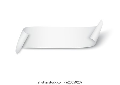 Blank curled fabric ribbon or paper scroll with shadow isolated on white background. Turn paper sticker, label, tag with flip edge. Empty vector web banner for your advertising design