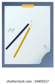 blank curled paper sheet with two pencils