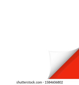 Blank curled sheet with shadow. Red background. Sticker paper. Paper page curl corner, flip turn fold sheet.  Empty template. EPS 10