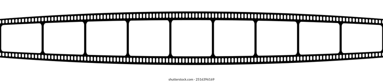 Blank curved film strip. Video or photo camera tape template. Storyboard layout. Frame for photographies collage isolated on white background. Cinematography equipment. Vector graphic illustration.