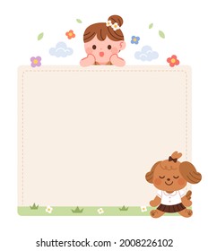 Blank cute background for kindergarten announcements. There is a dog and a girl. Vector illustration.