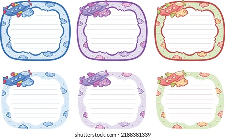 Blank cute reminder paper note planner frame with pastel coloring planes and clouds