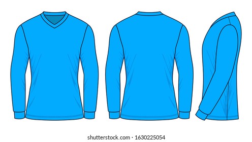 Blank Cyan Blue Long Sleeve V-Neck Shirt Template Vector.Front, Back And Side Views.