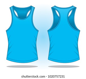 Blank Cyan Blue Tank Top Shirt Template On White Background.Front and Back View, Vector File