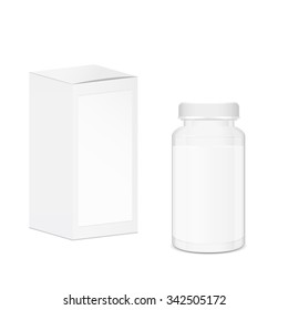 Blank cylindrical pills and tablets container with place for text, white medical box, 3d realistic vector objects, eps 10