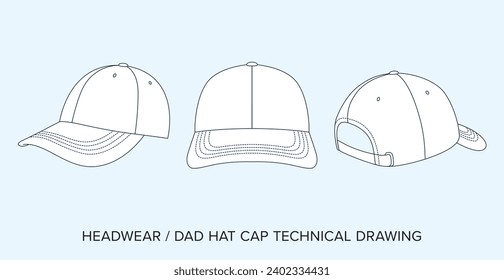 Blank Dad Hat Technical Drawing, Headwear Blueprint for Fashion Designers. Detailed Editable Vector Illustration, Black and White Vintage Streetwear Cap Schematics, Isolated Background