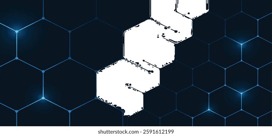 Blank dark background with space for advertising banner, campaign logo or text and digital hexagon cells grid. 3D rendering, mock up
