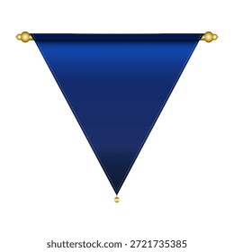 A blank dark blue triangular pennant flag vector, featuring a subtle gradient color, dashed stitching details, and hanging elegantly from a golden rod with decorative finials. A golden bead completes the bottom tip. This customizable design is perfect as a template for awards, sports emblems, school achievements, labels, or decorative graphic elements.