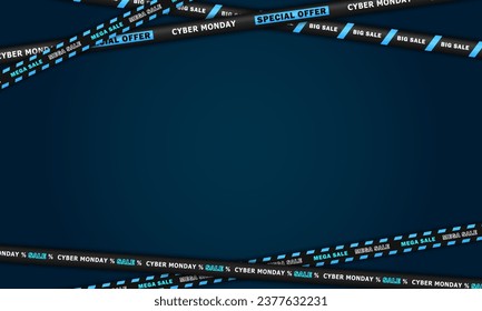 Blank dark blue wallpaper with crossed sale ribbons for Cyber Monday event. Banner with discount stripes frame and empty space for text. Marketing, online shopping card