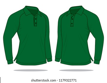 Blank Dark Green Raglan Long Sleeve Polo Shirt Template On White Background, Vector Fie