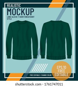 Blank dark green sweatshirt mock up template, front and back view. Realistic plain mockup design. Vector illustration.