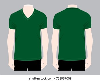 Blank Blank Dark Green V-Neck Shirt Vector For Template.Front And Back Views.