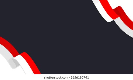Blank dark horizontal background with curved Indonesian flag. Black copy space template background red and white flag