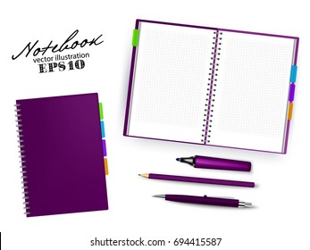 Blank dark purple open and closed copybook template with Pen, pencil and permanent marker.Set of vector illustration stationery isolated on white background.
