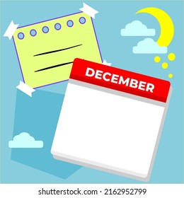 Blank December Single Calendar Template And Blank Sticky Notes. Templates Suitable For Social Media Content.