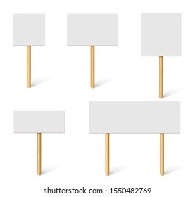 Blank demonstration banners. Protest placards, public transparency with wooden holders. Campaign boards with sticks vector 3d mockup