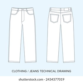 Blank Denim Jeans Technical Drawing, Apparel Blueprint for Fashion Designers. Detailed Editable Vector Illustration, Black and White Clothing Schematics, Isolated Background. 