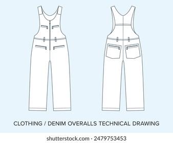 Leere Denim Overalls technische Zeichnung, Bekleidungsentwurf für Modedesigner. Detaillierte editierbare Vektorillustration, Schwarz-Weiß Kleidung Schematics, isolierter Hintergrund. 