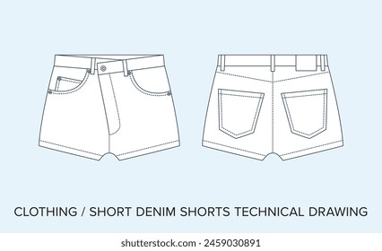 Leere Denim Kurze Videos technische Zeichnung, Bekleidungsentwurf für Modedesigner. Detaillierte editierbare Vektorillustration, Schwarz-Weiß-Damenbekleidung Schematics, isolierter Hintergrund