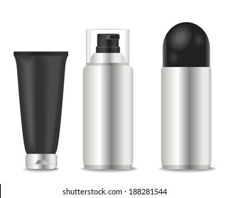 Blank deodorants and foam tubes. Black and silver colors. Vector.