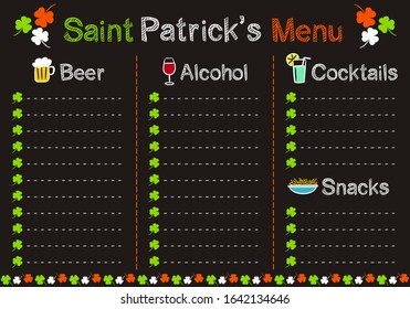 Blank for the design of the menu for St. Patrick's Day. In the style of a black chalk board in the colors of the Irish flag. Sections with beer, alcohol, cocktail and snacks have their own icons.