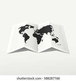 Blank design template of paper world map deployed on the white background. Concept of international travelling, geographic maps reading and working on a global scale. Monochrome vector illustration.