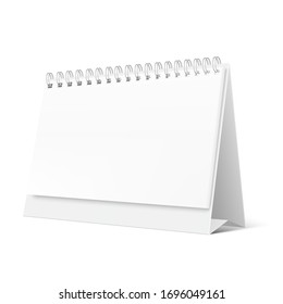 Blank desktop calendar isolated on white background. Blank desktop spiral calendar. Realistic white blank standing desk calendar with a spiral