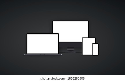 Blank device mock up. Dark theme. Realistic smartphone, tablet, laptop, notebook, monitor with blank screen and shadow. Electronic devices mockup set. Modern technology Vector EPS 10. Illustration