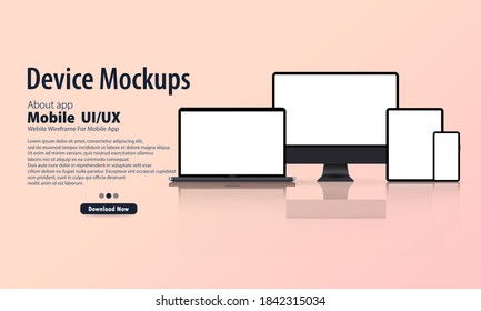 Leeres Gerät, Modell nach oben. Realistisches Smartphone, Tablet, Laptop, Monitor mit leerem Bildschirm und Schatten. Elektronische Geräte sind mit einem Prototyp ausgestattet. Vektor EPS10. Flat, Illustration.